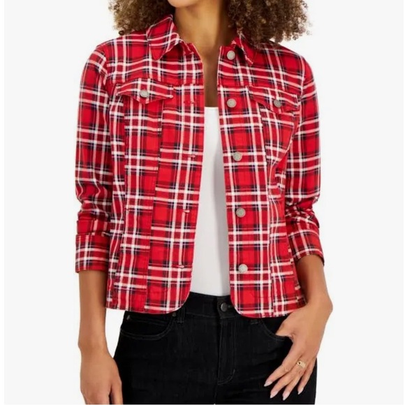 NWT 79.50 Macys Charter Club Red Tartan Plaid Denim Jacket size Small - Picture 1 of 9